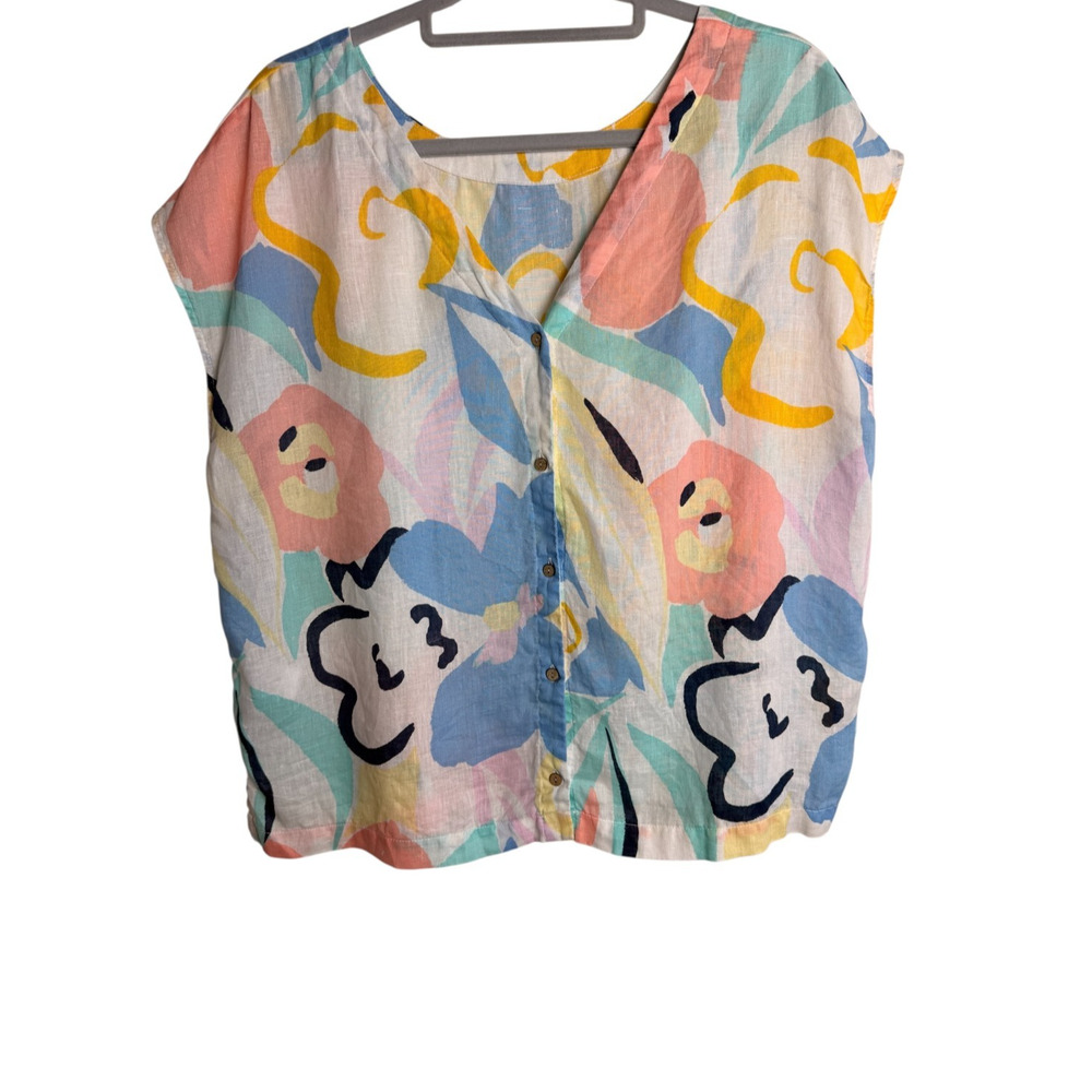 Rachel Zoe 100% Linen Abstract Floral Boxy Crop Top Size L Coastal Chic